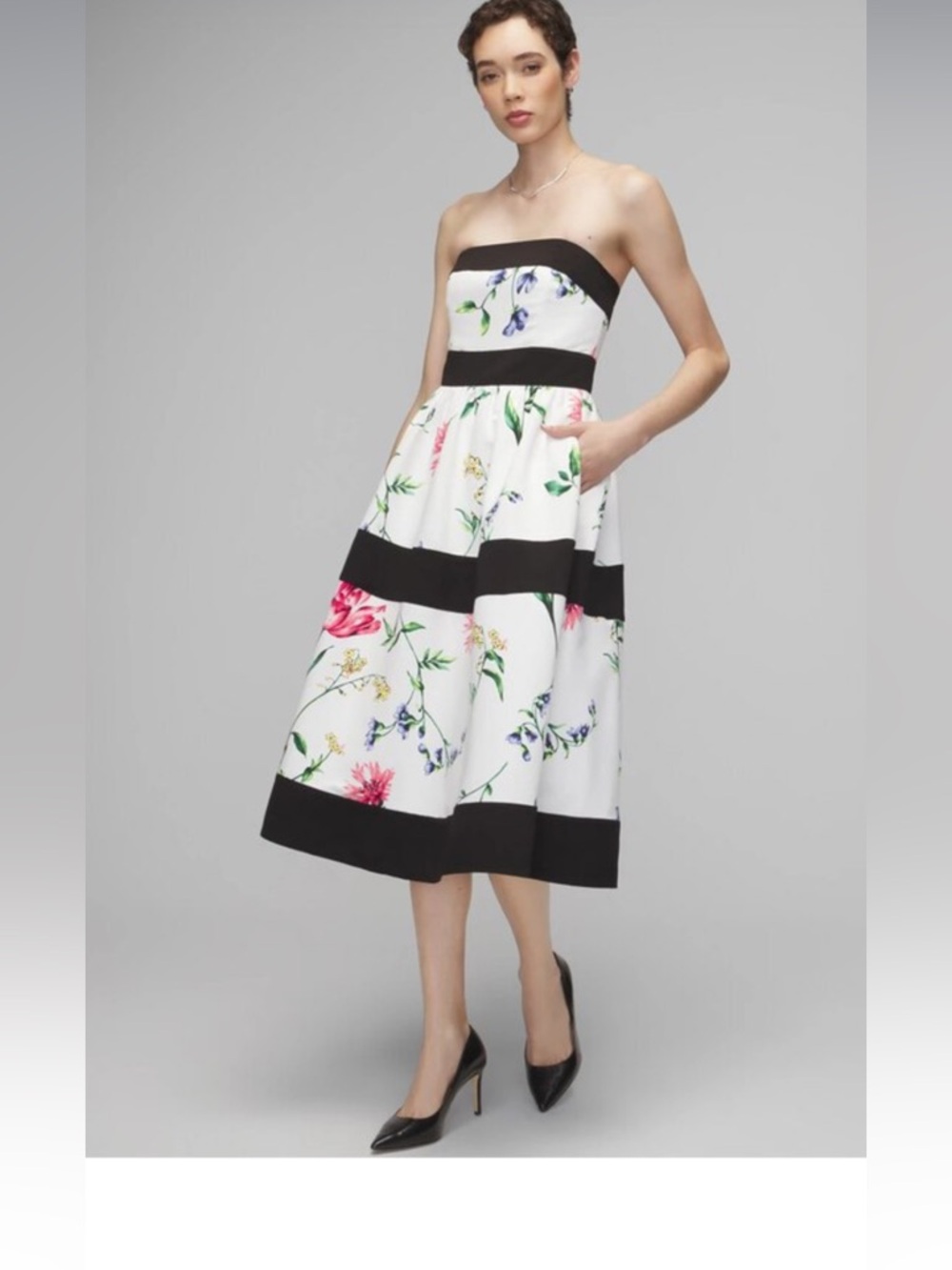 WHBM Strapless White Floral Midi Dress with contrast Black Bands